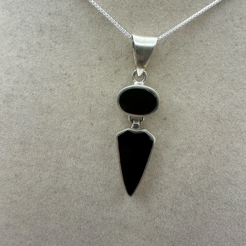 Double Black Stone and Sterling Silver Pendant Necklace on Silver Chain - Picture 2 of 9